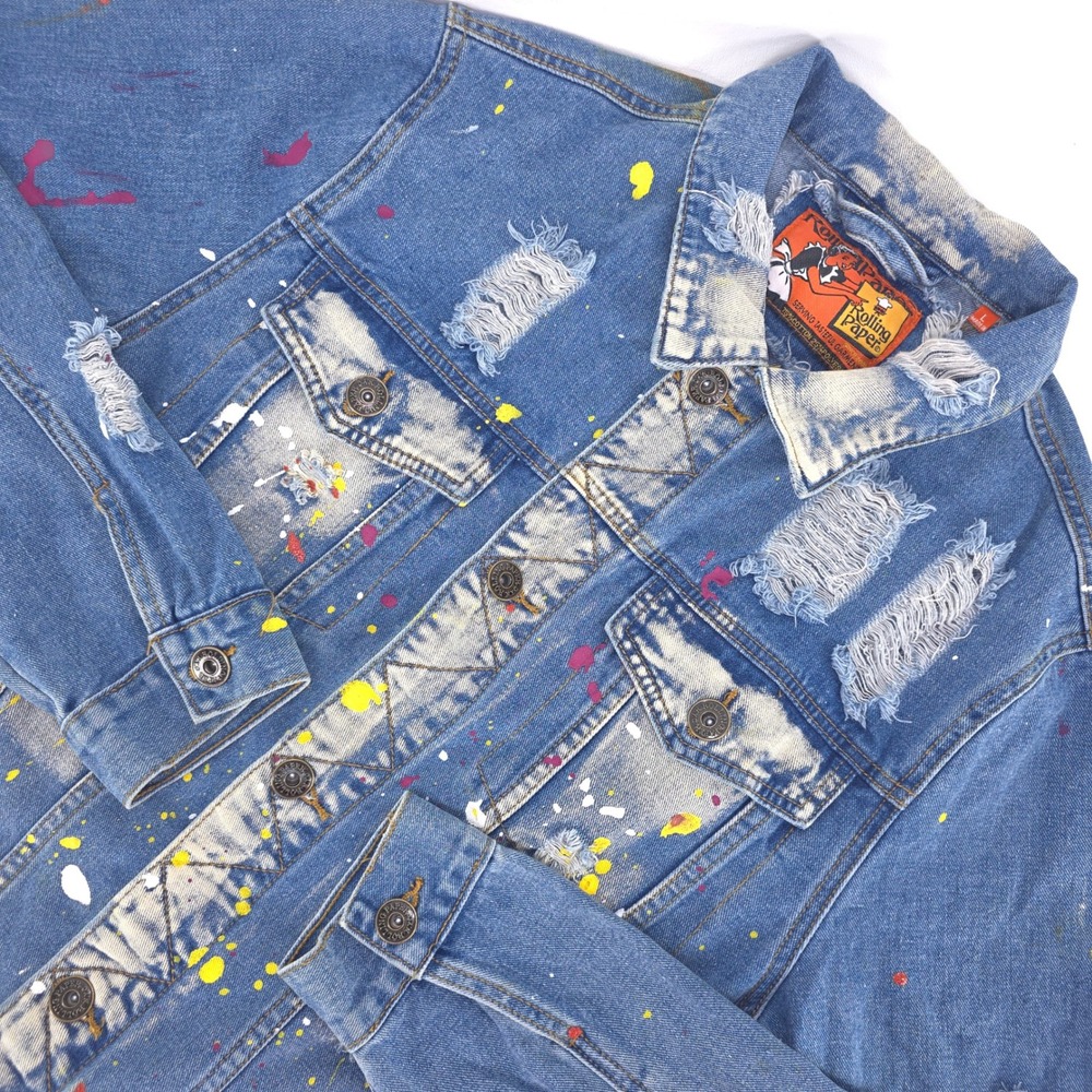 Rolling Paper Thrashed Denim Jacket Mens‎ Large Painted Splatter Distressed Jean